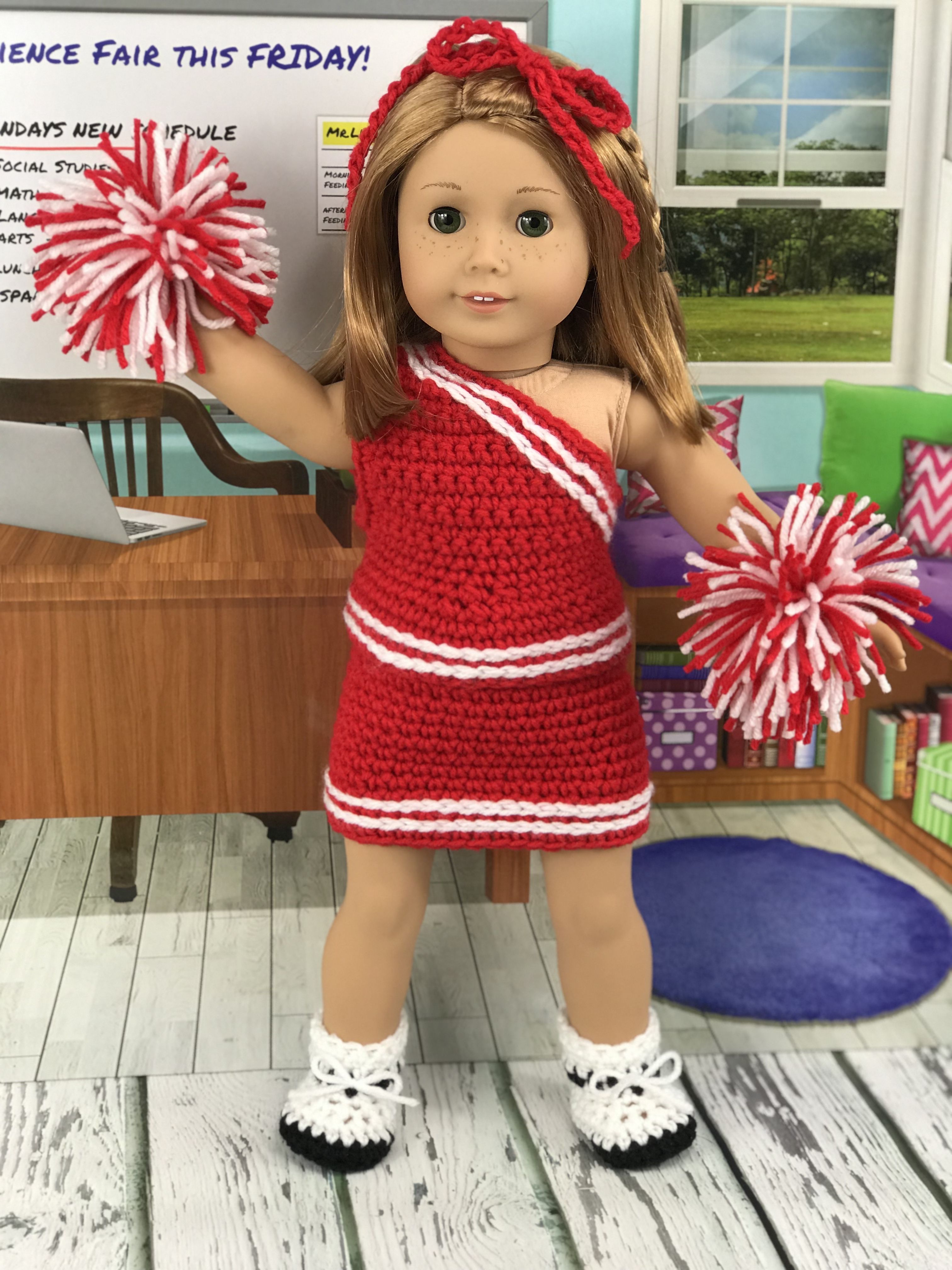 Free Crochet Pattern for 18" Doll Cheer Outfit | Crochet doll clothes